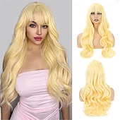 abordables Perruques Synthétiques Sans Bonnet-Perruque ondulée longue marron moyen avec frange pour femme 26 pouces d&#039;aspect naturel en fibre synthétique résistante à la chaleur de remplacement de cheveux d&#039;aspect naturel perruque longue ondulée