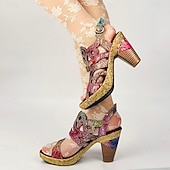 billige Plattformhæler-Dame Høye hæler Sandaler Håndlagde sko Vintage sko Fest Daglig Strand Blomstret Konisk hæl Fantasihæl Elegant Bohem Årgang Lær Spenne Rød Blå Brun