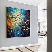 abordables Peintures à l&#039;huile-Peinture à l&#039;huile de poissons nageurs peints à la main sur toile, peinture animale extra large, art mural fait à la main, art abstrait de poisson, peinture personnalisée, décoration minimaliste pour