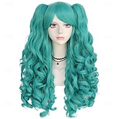 baratos Perucas Históricas-Peruca Longa Cacheada Azul com Rabo de Cavalo Peruca Azul Claro com 2 Rabos de Cavalo Peruca Lolita Azul com Franja para Mulheres Peruca Anime Peluca Azul para Fantasia Carnaval Halloween