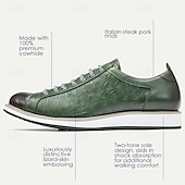 baratos Tênis de couro premium-tênis casuais masculinos de couro bovino premium – design de cadarço com relevo verde e detalhes em preto, confortável e durável