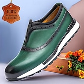 cheap Premium Leather Sneakers-Men&#039;s Premium Cowhide Leather Slip-On Loafers – Green and Black Brogue Design, Comfortable Cushioned Sole, Casual and Formal Shoes