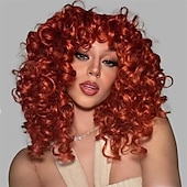 abordables Perruques de fête-perruque bouclée grande perruque bouclée pour femmes blanches et noires perruque afro bouclée longue de 20 pouces avec frange perruques de remplacement de cheveux synthétiques pour cosplay et
