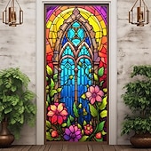 billige Dørdeksler-farget glass mandala dørdeksler veggmaleri dekor dør billedvev dør gardin dekorasjon bakteppe dør banner avtakbar for inngangsdør innendørs utendørs hjemme rom dekorasjon gårdshus dekor forsyninger