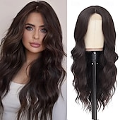 economico Parrucche trendy sintetiche-parrucca ondulata lunga marrone per le donne parrucca riccia da 26 pollici con parte centrale fibra proteica premium parrucca sostitutiva dei capelli dall&#039;aspetto naturale per l&#039;uso quotidiano del