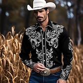cheap Men&#039;s Western Shirts-Men&#039;s Floral Graphic Prints Leaves Shirt Western Shirt Long Sleeve Shirt Turndown Outdoor Street Black Red Navy Blue Print Button-Down Clothing Apparel Fashion Streetwear Designer Western Style