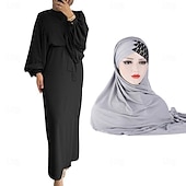 baratos Islâmico Arábico-conjunto com vestido abaya feminino vestido maxi muçulmano árabe com cinto vestido religioso árabe saudita lenços hijab cachecol envoltório headpiece ramadan religioso 2 peças feminino ramadan árabe