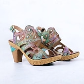 billige Plattformhæler-Dame Høye hæler Sandaler Håndlagde sko Vintage sko Fest Daglig Strand Blomstret Konisk hæl Fantasihæl Elegant Bohem Årgang Lær Spenne Rød Blå Brun