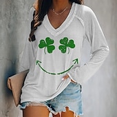 preiswerte St. Patricks Tag T-Shirts-Damen T Shirt Kleeblatt Mode Langarm V Ausschnitt Normale Oberteile St.Patrick&#039;s Day Lässig Druck Gras-Grün Weiß Hellgrün Dunkelgrün Grün Frühling &amp; Herbst