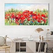 preiswerte Blumen-/Botanische Gemälde-Ölgemälde, handgemaltes Mohnfeld-Gemälde, Kunstwerk, handgefertigtes Wildblumen-Ölgemälde, Landschaft, rote Mohnblumen, Ölgemälde für Wohnzimmer, Schlafzimmer, Hotelwand, Heimdekoration