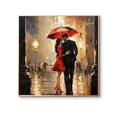 cheap People Paintings-Walking In The Rain Stretched Canvas Handpainted Wall Art Colorful Abstract Pop Art Design Lover Walking With An Umbrella In The Rain Stretched Canvas