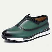 cheap Premium Leather Sneakers-Men&#039;s Premium Cowhide Leather Slip-On Loafers – Green and Black Brogue Design, Comfortable Cushioned Sole, Casual and Formal Shoes