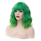 economico Parrucche da festa-parrucca da donna verde brillante ombre parrucca corta riccia ondulata lunghezza spalla frangia piatta parrucca per donna ragazza cosplay festa di halloween berretto per parrucca incluso parrucche