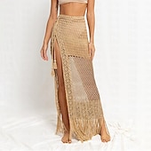 abordables Faldas-Mujer Bañadores Falda Moda Ropa de playa Casual Maxi Alta cintura Faldas Color sólido Cortado Croché Vacaciones Playa Caqui Verano Licra