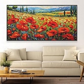 preiswerte Blumen-/Botanische Gemälde-Ölgemälde, handgemaltes Mohnfeld-Gemälde, Kunstwerk, handgefertigtes Wildblumen-Ölgemälde, Landschaft, rote Mohnblumen, Ölgemälde für Wohnzimmer, Schlafzimmer, Hotelwand, Heimdekoration