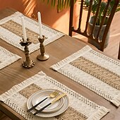 abordables Manteles-Estera de comida de cuerda de cáñamo, estera de vajilla de algodón y lino con forma de diamante geométrico, color tejido a juego, estera para cuenco con borlas de vacaciones, material natural, estilo
