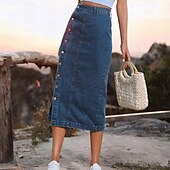 abordables Jupes-Femme Jupe Jupe mi-longue en jean Mode Décontractées Midi Taille haute Jupes Couleur Pleine Pointes fourchues Casual Quotidien Fin de semaine Noir bleu marine Bleu de minuit Eté Jean