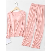 cheap Women&#039;s Sleepwear-Women&#039;s Pajamas Sets Pure Color Simple Comfort Home Daily Bed Modal Breathable Crew Neck Long Sleeve T shirt Tee Pant Elastic Waist Summer Spring Home Outfits