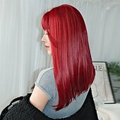 baratos Perucas Sintéticas sem Touca-Peruca sintética feminina de 26 polegadas, cor gradiente, cabelo longo e liso vermelho com franja, moda diária, festa, cosplay
