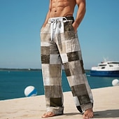 abordables Pantalons décontractés imprimés pour hommes-Pantalon décontracté imprimé en 3D à carreaux color block pour hommes, taille élastique, cordon de serrage, coupe ample, jambe droite, pantalon de plage d'été s à 3xl