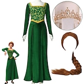 preiswerte Damenkostüme-Fiona-Kostüm für Damen, Prinzessin, Fiona-Kleid, Shrek, mittelalterliches Renaissance-Kleid, lange Ärmel, grünes Kleid, Halloween-Cosplay-Party-Outfit mit Kostüm-Perücken