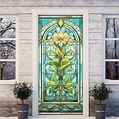 billige Dørdeksler-farget glass mandala dørdeksler veggmaleri dekor dør billedvev dør gardin dekorasjon bakteppe dør banner avtakbar for inngangsdør innendørs utendørs hjemme rom dekorasjon gårdshus dekor forsyninger