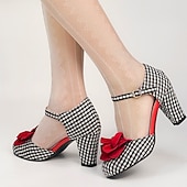 cheap 1950s-Women&#039;s Vintage Gingham Checkered Mary Jane Heels with Red Flower Embellishments – Retro Style Party Shoes