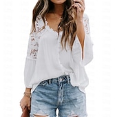 cheap Basic Women&#039;s Tops-Shirt Boho Shirt Lace Shirt Blouse Women&#039;s Black White Pink Solid Color Lace Button Street Daily Fashion V Neck S