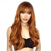 economico Parrucche trendy sintetiche-parrucca ramata con frangia parrucche di capelli naturali per le donne parrucca lunga a strati per le ragazze radici scure parrucca rame rosso ombre resistente al calore parrucca sintetica arancione