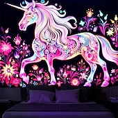 tanie Blacklight gobelin-gobelin z czarnym światłem UV reaktywny świecący w ciemności świecący neonowy jednorożec zwierzęcy psychodeliczny trippy mglisty wiszący gobelin ścienny sztuka mural do salonu sypialni