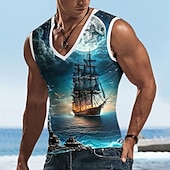cheap 3D T shirts-Men&#039;s Graphic Sailboat Tank Top Vest Top Sleeveless T Shirt for Men Sleeveless T shirt 3D Print V Neck Shirt Daily Designer Casual Sports Outdoor Holiday Gym Blue Sky Blue Orange Summer Clothing