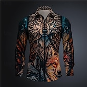 cheap Animal Print-Men&#039;s Color Block Wolf Colorful Button Up Shirt Printed Shirts Long Sleeve Subcultural Vacation Party Street Spring &amp; Summer Turndown Print Button-Down Pink Blue Purple Green