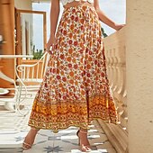 abordables Jupes-Femme Jupe Trapèze Balançoire Bohême Mode Décontractées Bohème Maxi Taille haute Jupes Floral Cordon Imprimer Pointes fourchues Vacances du quotidien Jaune Rouge Vert Eté Rayonne
