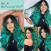 abordables Perruques de fête-Perruque longue ondulée pour femme - Vert ombré - Partie centrale - Bleu sarcelle - Cheveux synthétiques longs bouclés résistants à la chaleur avec naissance des cheveux naturelle - Pour cosplay,
