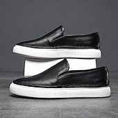economico Scarpe Casual Slip-On-sneakers slip-on da uomo in pelle nera con suola bianca ammortizzata e design minimalista, mocassini casual per lavoro, viaggio e uso quotidiano