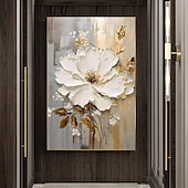 preiswerte Blumen-/Botanische Gemälde-Handgemaltes großes Blumentexturgemälde, 3D-Texturgemälde, abstraktes Goldblumengemälde, originales goldenes Wandkunst-Blumengemälde für Wohnzimmer, Heimdekoration, gespannter Rahmen, fertig zum