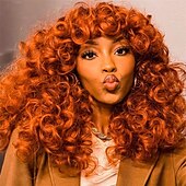abordables Perruques de fête-perruque bouclée grande perruque bouclée pour femmes blanches et noires perruque afro bouclée longue de 20 pouces avec frange perruques de remplacement de cheveux synthétiques pour cosplay et