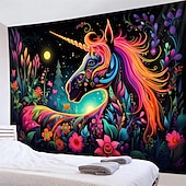 tanie Blacklight gobelin-gobelin z czarnym światłem UV reaktywny świecący w ciemności świecący neonowy jednorożec zwierzęcy psychodeliczny trippy mglisty wiszący gobelin ścienny sztuka mural do salonu sypialni