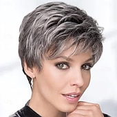 cheap Older Wigs-Pixie Cut Short Gray Wigs for White Women Sassy Short Haircuts for Older Lady Mixed Black Grey Highlight Synthetic Wig with Bangs for Daily Party Use