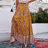 billiga Kjolar-damkjol en linje gunga bohemia maxi hög midja kjolar tryck blommigt färgblock semester semester sommar casual boho gul