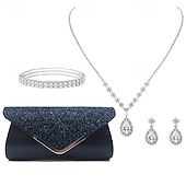 abordables Pour elle-Sac à Main pour Femmes Ensemble de Bijoux en Diamant Aquatique Éclatant Collier Boucles d&#039;Oreilles Bracelet 4 Ensemble Pochette de Mariage Cadeau de Noël