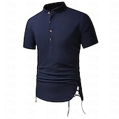 abordables Informal de negocios-Hombre Camisa camisa de lino Camisa de lino de algodón Camisa de algodón blanca Camisa de cuello chino Camisa de cuello mandarín Plano Vacaciones Calle Negro Blanco Azul Marino Caqui Manga Corta