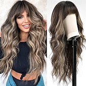 abordables Perruques Synthétiques Sans Bonnet-Perruques blondes sales ombrées avec frange blonde longue perruque ondulée pour femmes perruque de cheveux synthétiques bouclés longs pour usage quotidien de fête 24 pouces