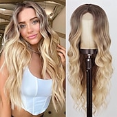 abordables Perruques de fête-Perruque longue ondulée pour femme - Vert ombré - Partie centrale - Bleu sarcelle - Cheveux synthétiques longs bouclés résistants à la chaleur avec naissance des cheveux naturelle - Pour cosplay,