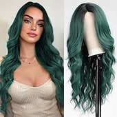 abordables Pelucas de fiesta-Peluca ondulada larga ombre verde para mujeres peluca rizada de 26 pulgadas con parte central peluca sintética de fibra resistente al calor ideal para uso diario y fiestas pelucas de Halloween para