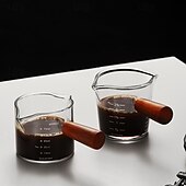 baratos Eletrodomésticos-Copo de medição de café expresso, vidro resistente ao calor, 50-80ml, boca dupla, jarro de leite com alça de madeira, escala de vidro, copo de medição