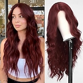 economico Parrucche trendy sintetiche-parrucca lunga ondulata bordeaux per le donne parrucca riccia rossa da 26 pollici parte centrale parrucca in fibra sintetica resistente al calore dall&#039;aspetto naturale per l&#039;uso quotidiano nelle feste