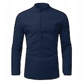 preiswerte Business Casual-Herren Hemd Leinenhemd Hemd mit chinesischem Kragen Hemd mit Stehkragen Sommerhemd Strandhemd Einfach Urlaub Hawaiianisch Beige Langarm Stehkragen Frühling &amp; Herbst Bekleidung Button-Down