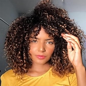economico Parrucche da festa-Parrucche ricce per donne nere 14 pollici parrucche afro ricce morbide con frangia parrucche ricce miste in tinta biondo marrone parrucche ricce complete per uso quotidiano parrucche di Halloween