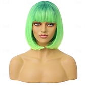 baratos Peruca para Fantasia-peruca verde para mulheres peruca bob verde curta reta peruca verde esmeralda com franja sintética resistente ao calor halloween cosplay peruca cosutme perucas do dia de são patrício